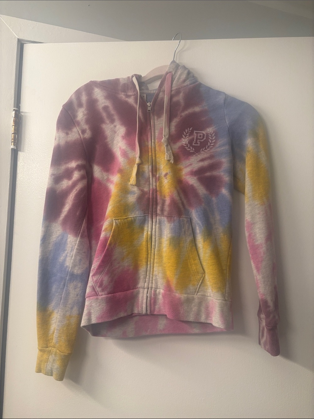 PINK Victoria's Secret Tie-Dye Zip Hoodie in Pink, Yellow & Blue